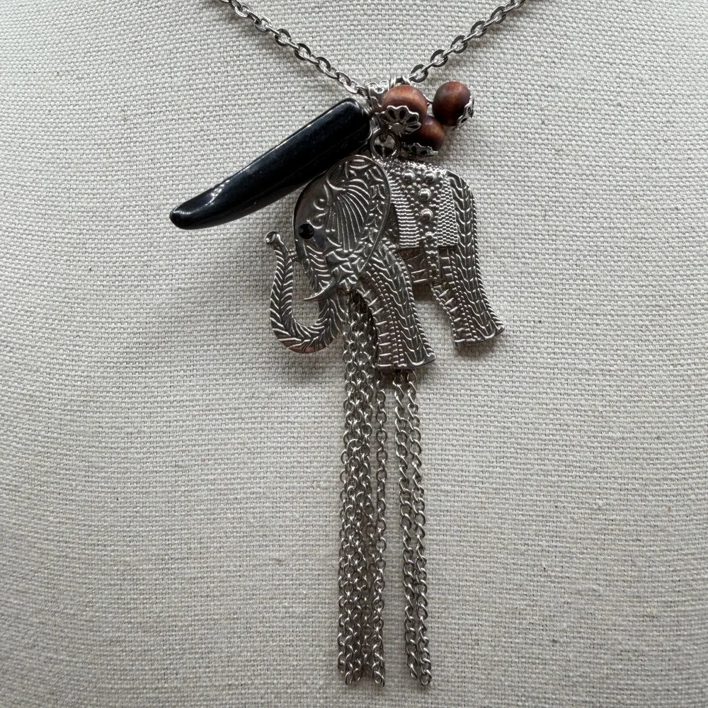 Elephant Statement Necklace Silver Tone Black Tusk Wood Beads Boho Tassel Gift